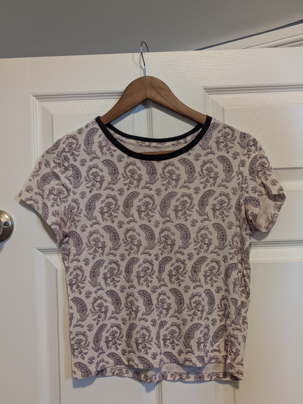 American Eagle Outfitters Paisley Crewneck Tee - Cream & Purple with Black Trim